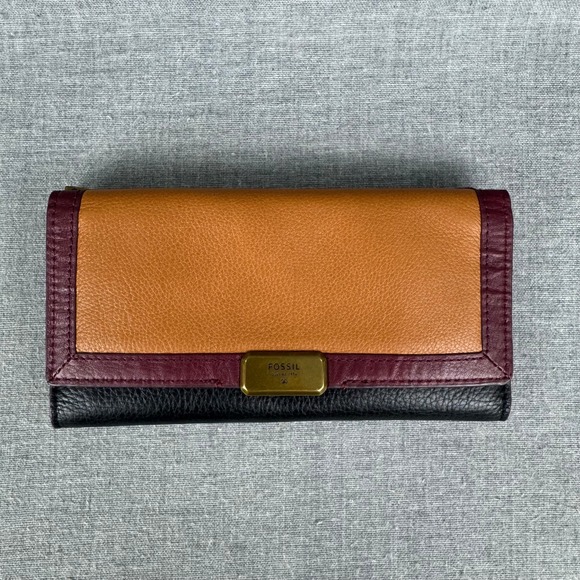Fossil Handbags - Fossil Emerson Flap Wallet Women's Leather Brown Burgundy Black